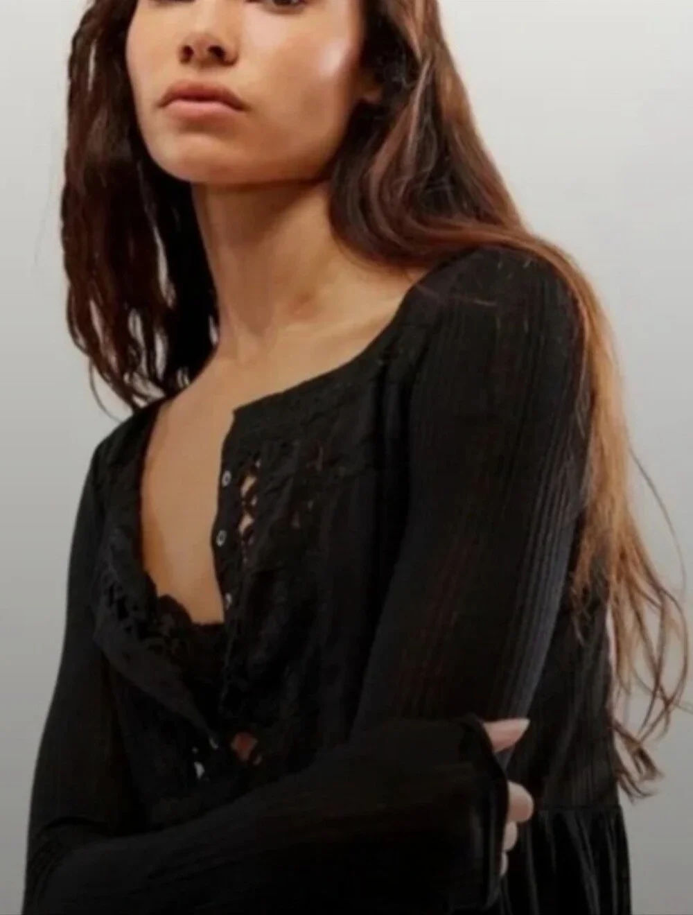 Free People Black Lace-Trim Long Sleeve Women's Top